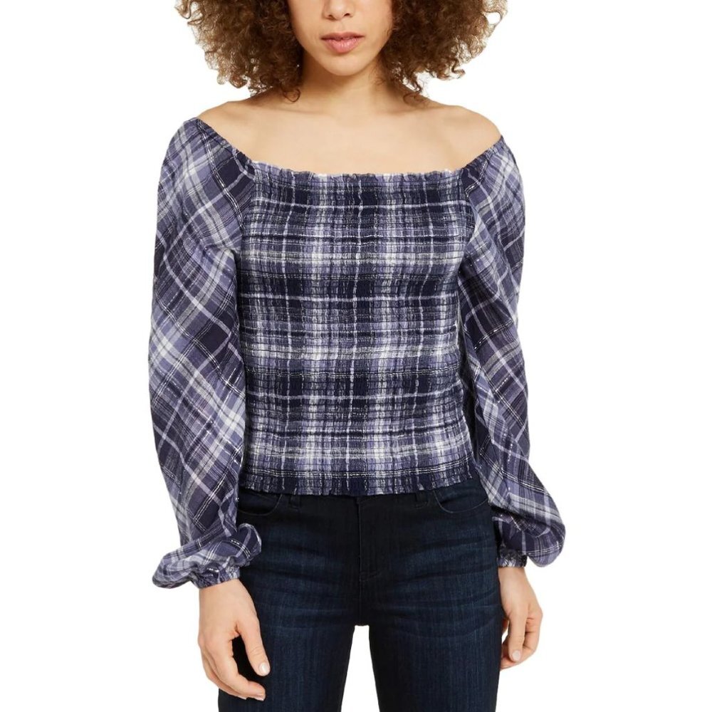 INC Navy Blue Plaid Printed Off Shoulder Smocked Top Puff Sleeve Cotton Blouse M